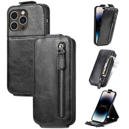 iPhone 14 Pro Zipper Wallet Vertical Flip Leather Phone Case - Black