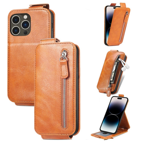 iPhone 14 Pro Zipper Wallet Vertical Flip Leather Phone Case - Brown