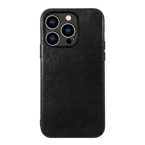 iPhone 14 Pro Genuine Leather Double Color Crazy Horse Phone Case  - Black