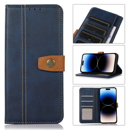 iPhone 14 Pro Stitching Thread Calf Texture Leather Phone Case - Blue