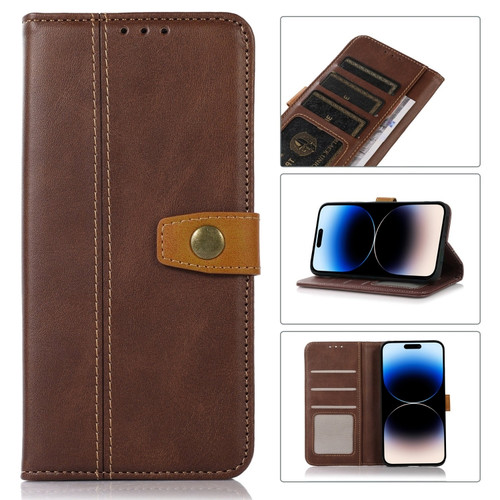 iPhone 14 Pro Stitching Thread Calf Texture Leather Phone Case - Coffee