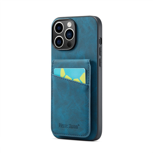 iPhone 14 Pro Fierre Shann Crazy Horse Card Holder Back Cover PU Phone Case - Blue