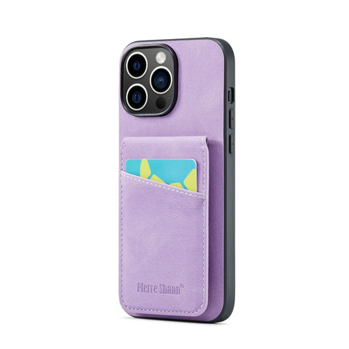 iPhone 14 Pro Fierre Shann Crazy Horse Card Holder Back Cover PU Phone Case - Purple