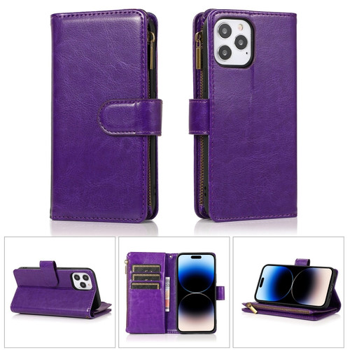 iPhone 14 Pro Multifunctional 9 Card Slots Leather Case - Purple