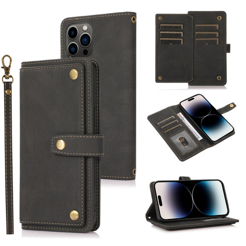 iPhone 14 Pro Lanyard Leather Phone Case - Black