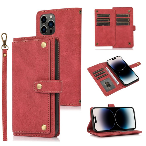 iPhone 14 Pro Lanyard Leather Phone Case - Red