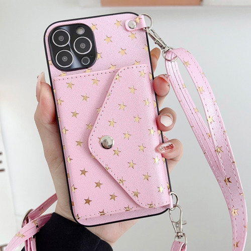 iPhone 14 Pro Star Pattern Phone Case With Card Bag and Lanyard - Pink