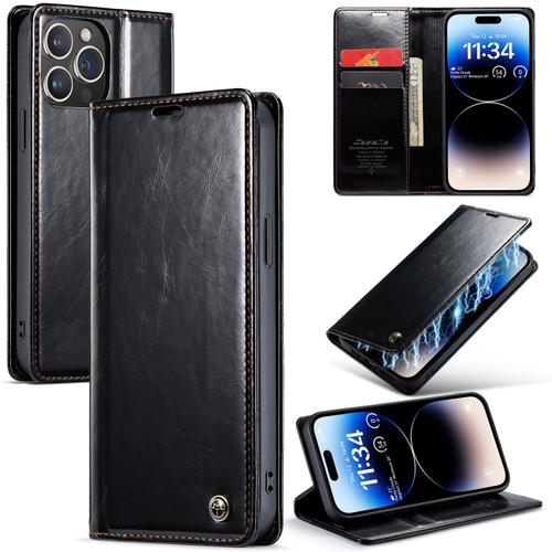 iPhone 14 Pro CaseMe 003 Crazy Horse Texture Leather Phone Case - Black