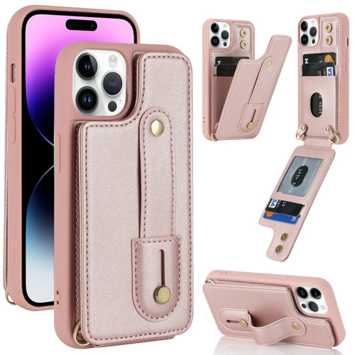 iPhone 14 Pro Wristband Vertical Flip Wallet Back Cover Phone Case - Rose Gold