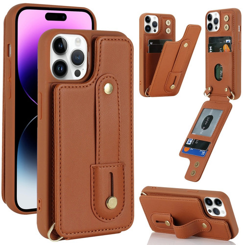 iPhone 14 Pro Wristband Vertical Flip Wallet Back Cover Phone Case - Brown