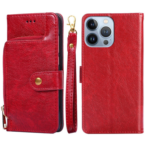 iPhone 14 Pro Zipper Bag Leather Phone Case - Red