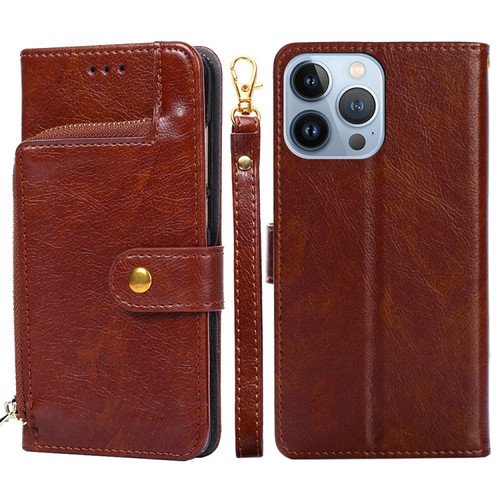 iPhone 14 Pro Zipper Bag Leather Phone Case - Brown