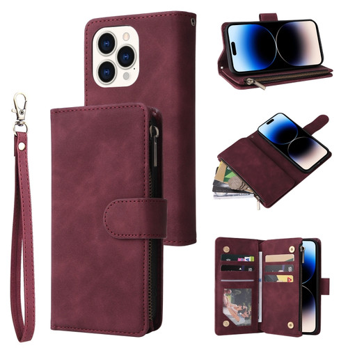 iPhone 14 Pro Multifunctional Phone Leather Case with Card Slot - Wine Red