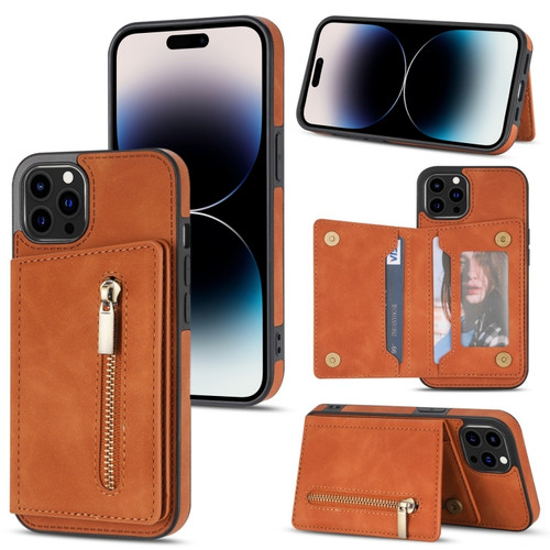 iPhone 14 Pro Zipper Card Holder Phone Case - Brown