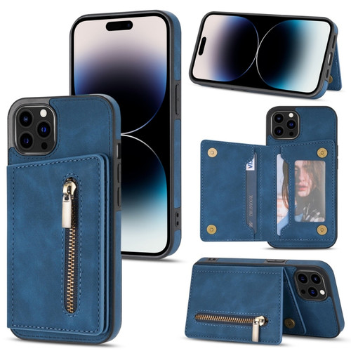 iPhone 14 Pro Zipper Card Holder Phone Case - Blue