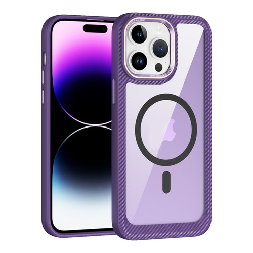 iPhone 14 Pro MagSafe Carbon Fiber Transparent Back Panel Phone Case - Purple