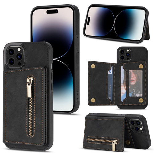 iPhone 14 Pro Zipper Card Holder Phone Case - Black