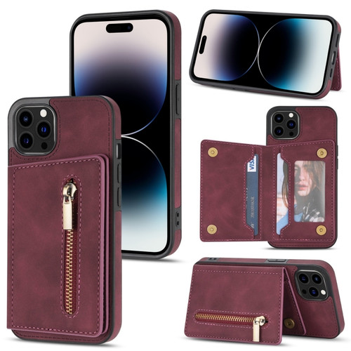iPhone 14 Pro Zipper Card Holder Phone Case - Wine Red