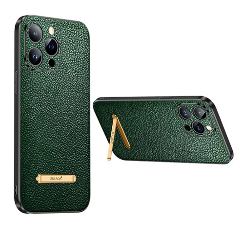 iPhone 14 Pro SULADA Invisible Bracket Leather Back Cover Phone Case - Dark Green