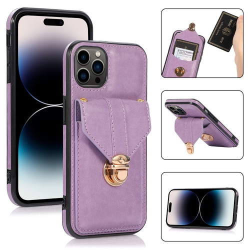 iPhone 14 Pro Card Slot Lanyard Phone Case - Purple