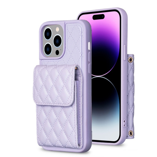 iPhone 14 Pro Vertical Wallet Rhombic Leather Phone Case - Purple