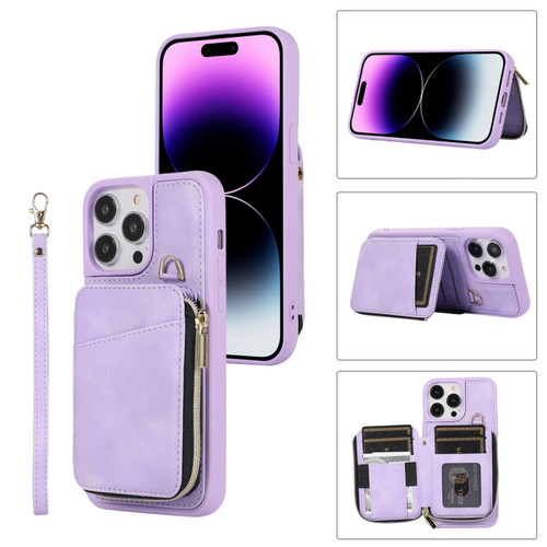 iPhone 14 Pro Zipper Card Bag Back Cover Phone Case - Purple