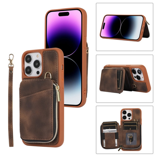 iPhone 14 Pro Zipper Card Bag Back Cover Phone Case - Brown