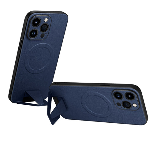 iPhone 14 Pro SULADA Folding Holder Lambskin Texture MagSafe Phone Case - Blue