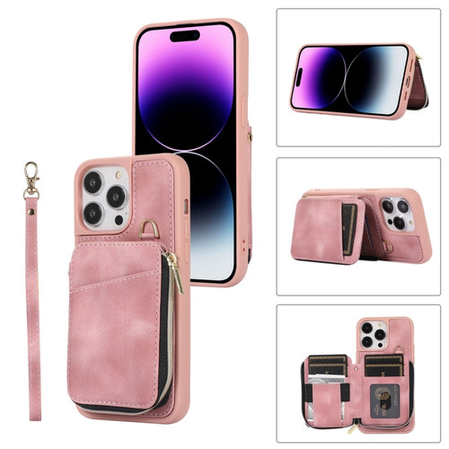 iPhone 14 Pro Zipper Card Bag Back Cover Phone Case - Pink