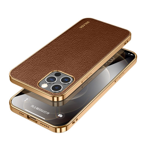 iPhone 14 Pro SULADA Shockproof TPU + Handmade Leather Phone Case - Borwn