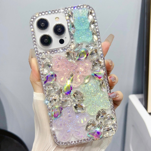 iPhone 14 Pro Ice Crystal Bow Knot Full Diamond TPU Phone Case - Pink+Blue