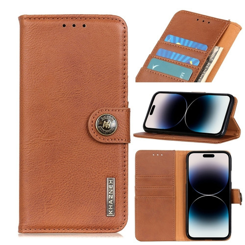 iPhone 14 Pro KHAZNEH Cowhide Texture Horizontal Flip Leather Phone Case  - Brown