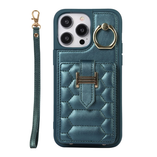 iPhone 14 Pro Vertical Card Bag Ring Holder Phone Case with Dual Lanyard - Dark Green