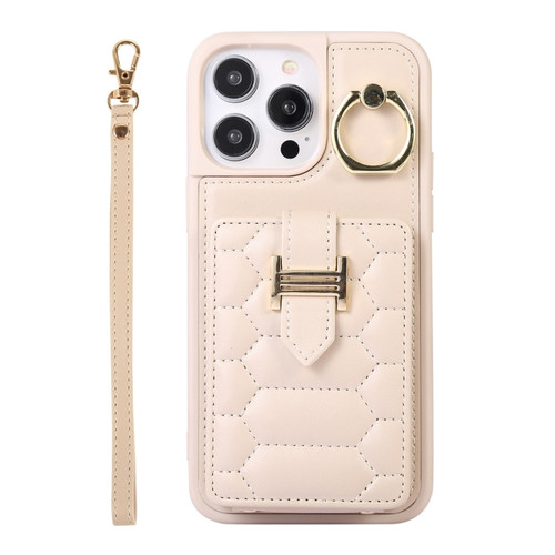 iPhone 14 Pro Vertical Card Bag Ring Holder Phone Case with Dual Lanyard - Beige