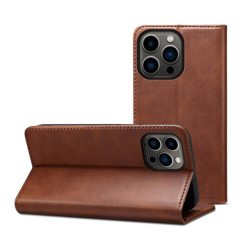 iPhone 14 Pro Calf Texture Horizontal Flip Leather Phone Case - Brown