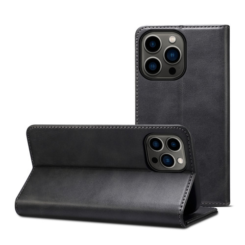 iPhone 14 Pro Calf Texture Horizontal Flip Leather Phone Case - Black