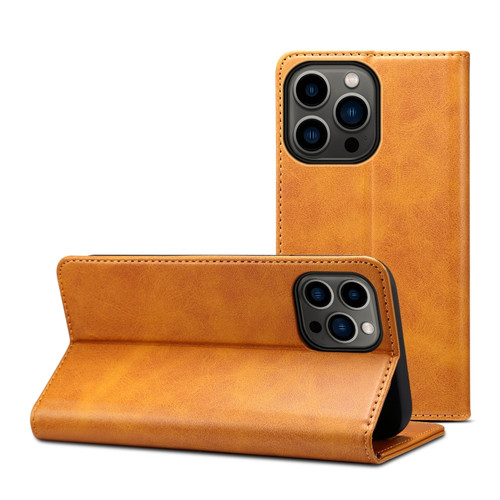iPhone 14 Pro Calf Texture Horizontal Flip Leather Phone Case - Khaki