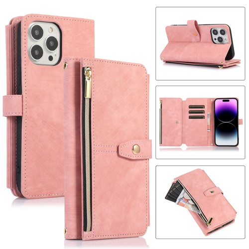 iPhone 14 Pro Dream 9-Card Wallet Zipper Bag Leather Phone Case - Pink