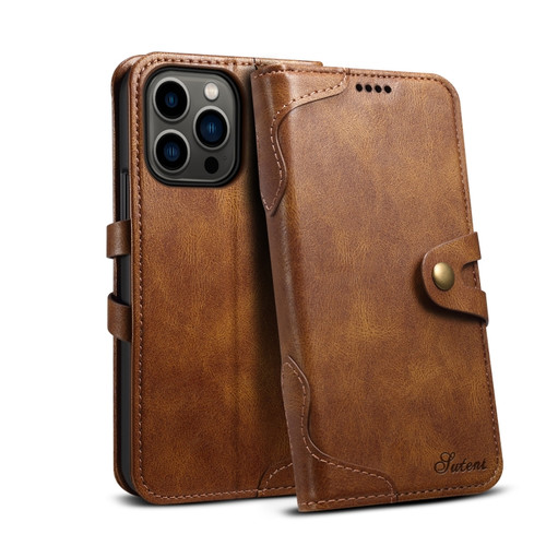 Suteni Calf Texture Buckle Wallet Leather Phone Case iPhone 14 Pro - Brown