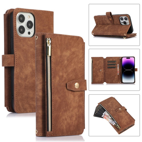 iPhone 14 Pro Dream 9-Card Wallet Zipper Bag Leather Phone Case - Brown