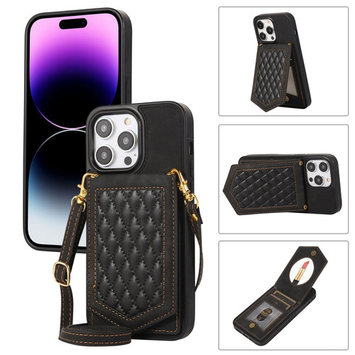 iPhone 14 Pro Rhombic Texture RFID Phone Case with Lanyard & Mirror - Black