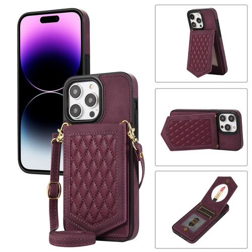 iPhone 14 Pro Rhombic Texture RFID Phone Case with Lanyard & Mirror - Wine Red