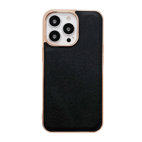 iPhone 14 Pro Genuine Leather Luolai Series Nano Electroplating Phone Case - Black