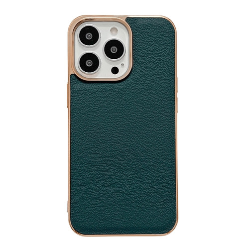iPhone 14 Pro Genuine Leather Luolai Series Nano Electroplating Phone Case - Dark Green