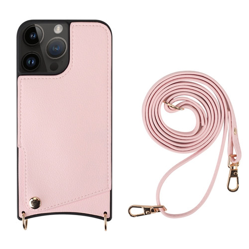 iPhone 14 Pro Fish Tail Card Slot PU + TPU Phone Case with Long Lanyard - Pink