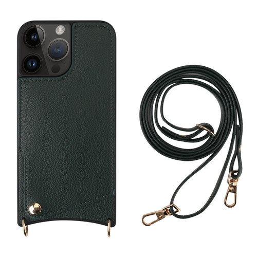 iPhone 14 Pro Fish Tail Card Slot PU + TPU Phone Case with Long Lanyard - Dark Green