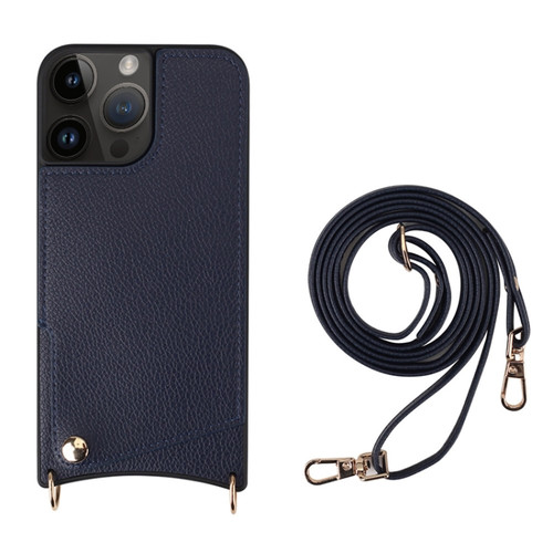 iPhone 14 Pro Fish Tail Card Slot PU + TPU Phone Case with Long Lanyard - Dark Blue