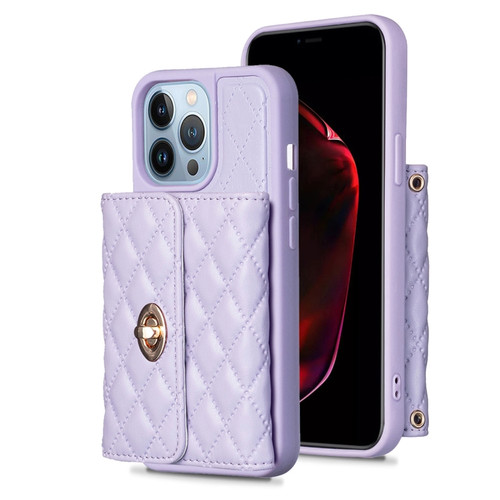iPhone 14 Pro Horizontal Metal Buckle Wallet Rhombic Leather Phone Case - Purple