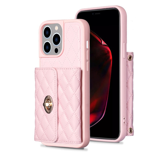 iPhone 14 Pro Horizontal Metal Buckle Wallet Rhombic Leather Phone Case - Pink