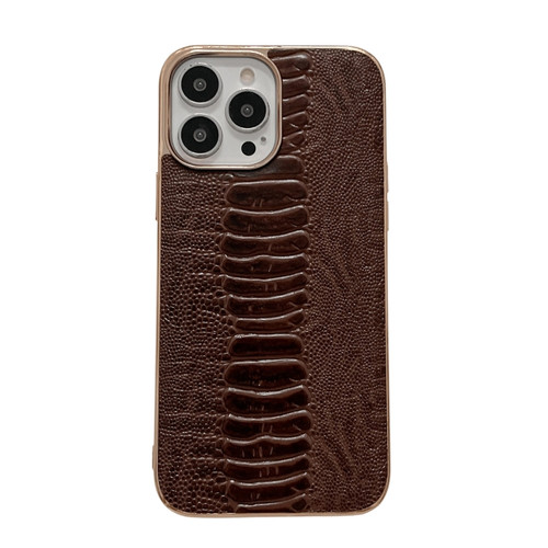 iPhone 14 Pro Genuine Leather Pinshang Series Nano Electroplating Phone Case - Coffee